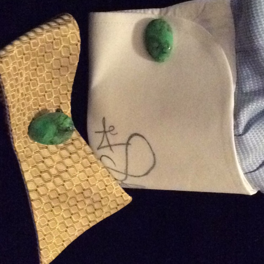 Custom made: Green cufflinks, Silk bow tie.